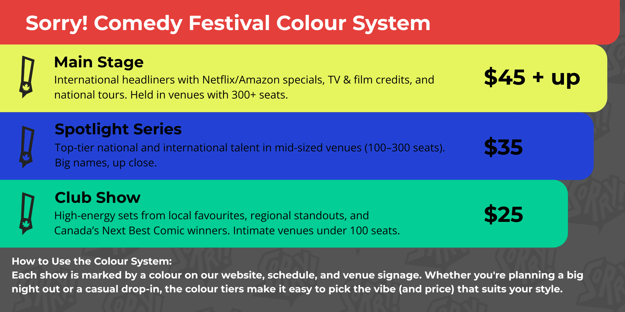 Sorry! Comedy Festival Colour System Chart